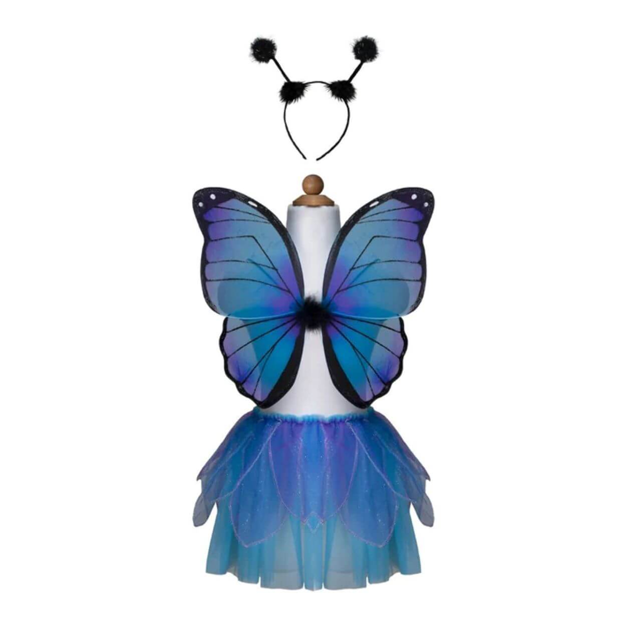 back view of childs dressing up blue and purple butterfly set with wings, skirt and headbanc