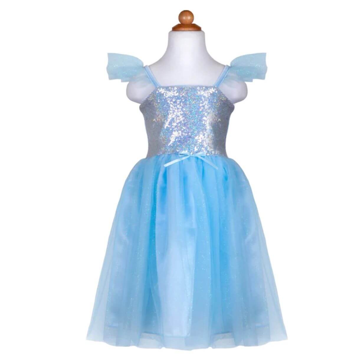 Blue girls dress with sequin bodice, spaghetti straps with tulle short sleeve and shimmery tulle full skirt