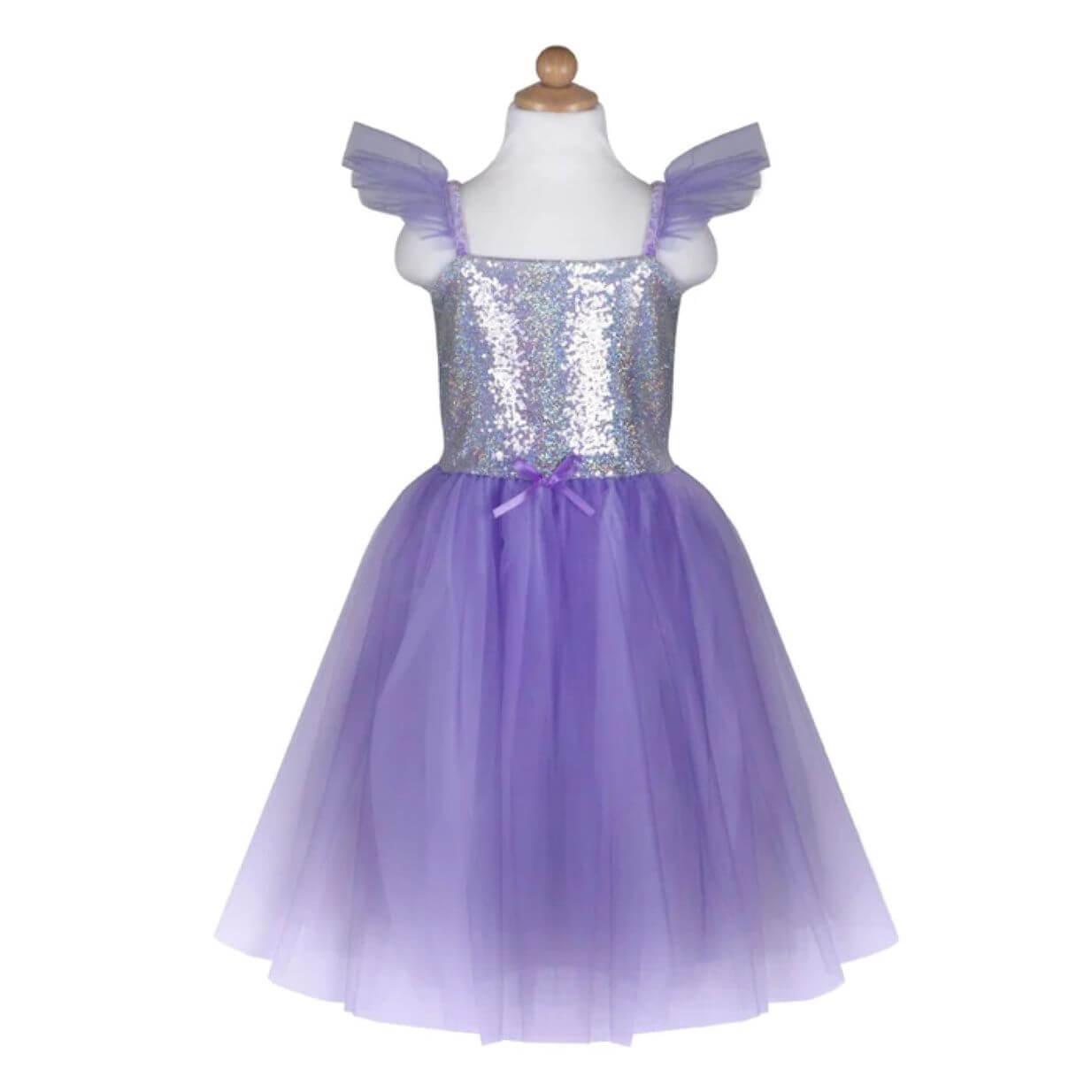 Lilac party dress with sequinned bodice spaghetti straps and tulle short sleeves with a full shimmery and tulle skirt