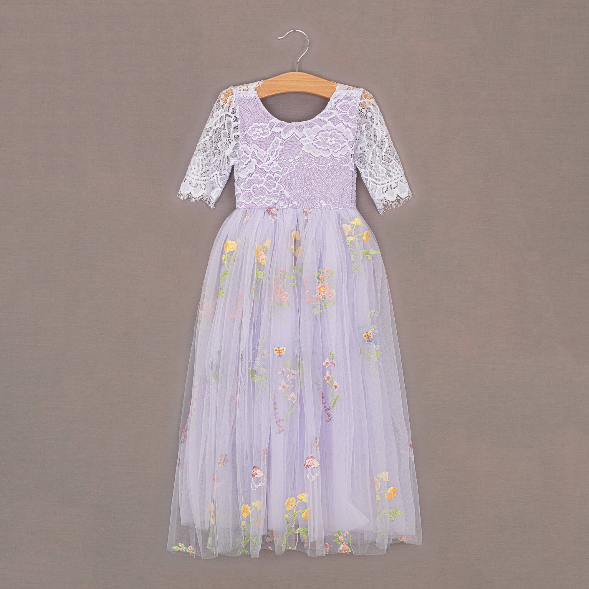 Lilac girls dress with embroidery and lace bodice