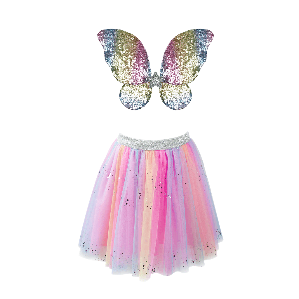 Rainbow pastel glitter fairy wings with matching tulle tutu skirt