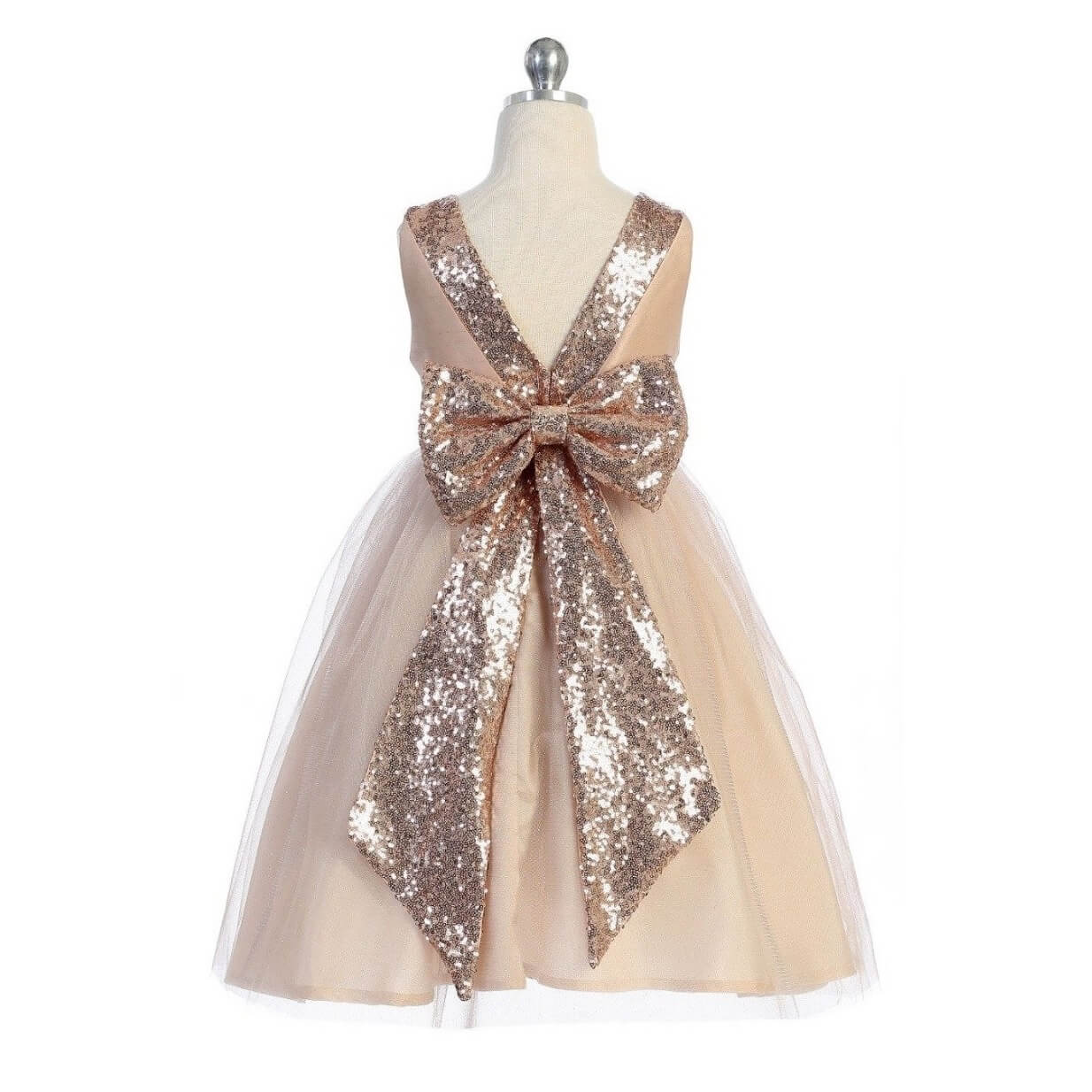 Rear detailing on blush coloured girls dress with sequin bow