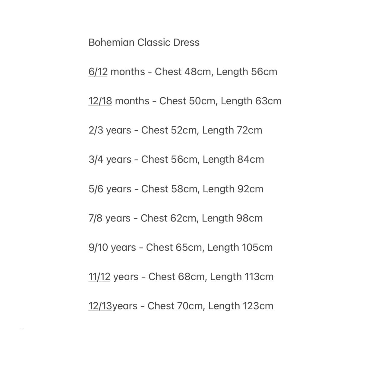 Size chart for bohemian classic dress