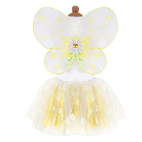 White and yellow fairy wings with daisy adornment with yellow and white organza tutu skirt with daisy detail