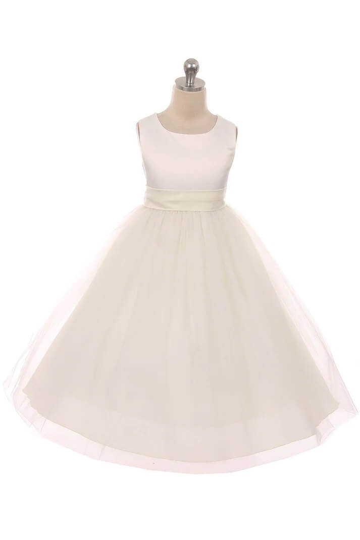 Ivory classic flower girls dress with colour sash 