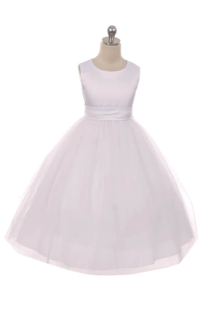 white classic flower girl dress with optional colour sash