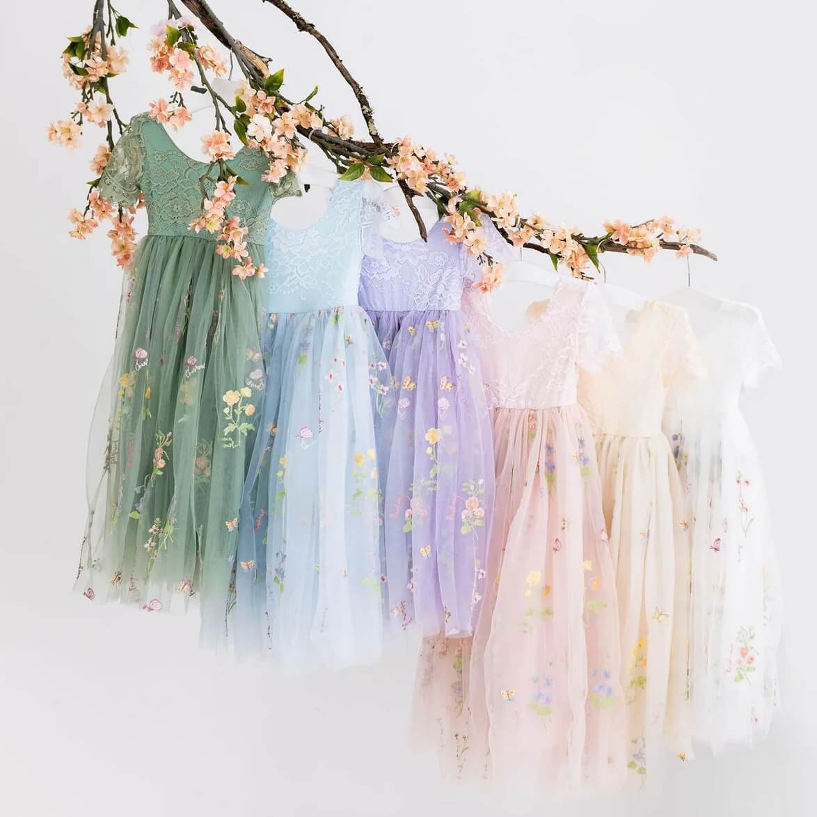Row of Enchanted Baby Dresses in various colours on a branch