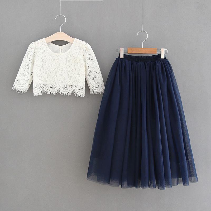 Girls party out fit white lace top and navy skirt