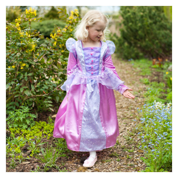 girl wearing dusky pink and lilac princess costume dress