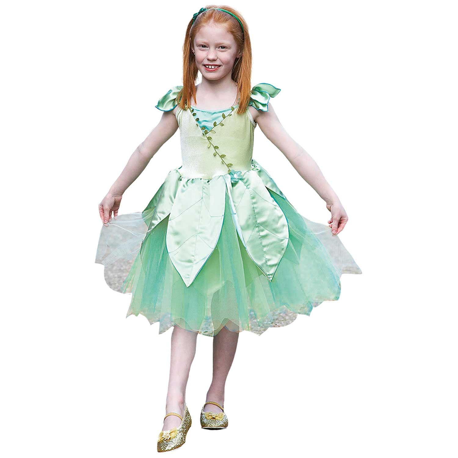 Girl wearing a Forest Leaf Fairy Costume for the fairy princes shop