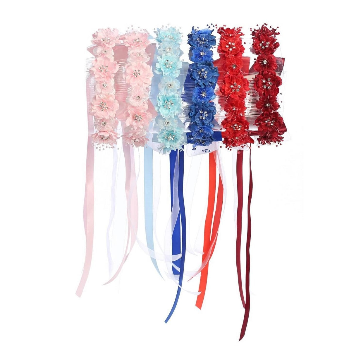 Fabric flower garlands in pink, mint, blue and red
