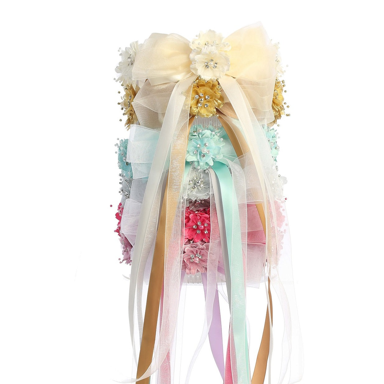 back view of flower garland with large ribbon bow and trailing ribbons