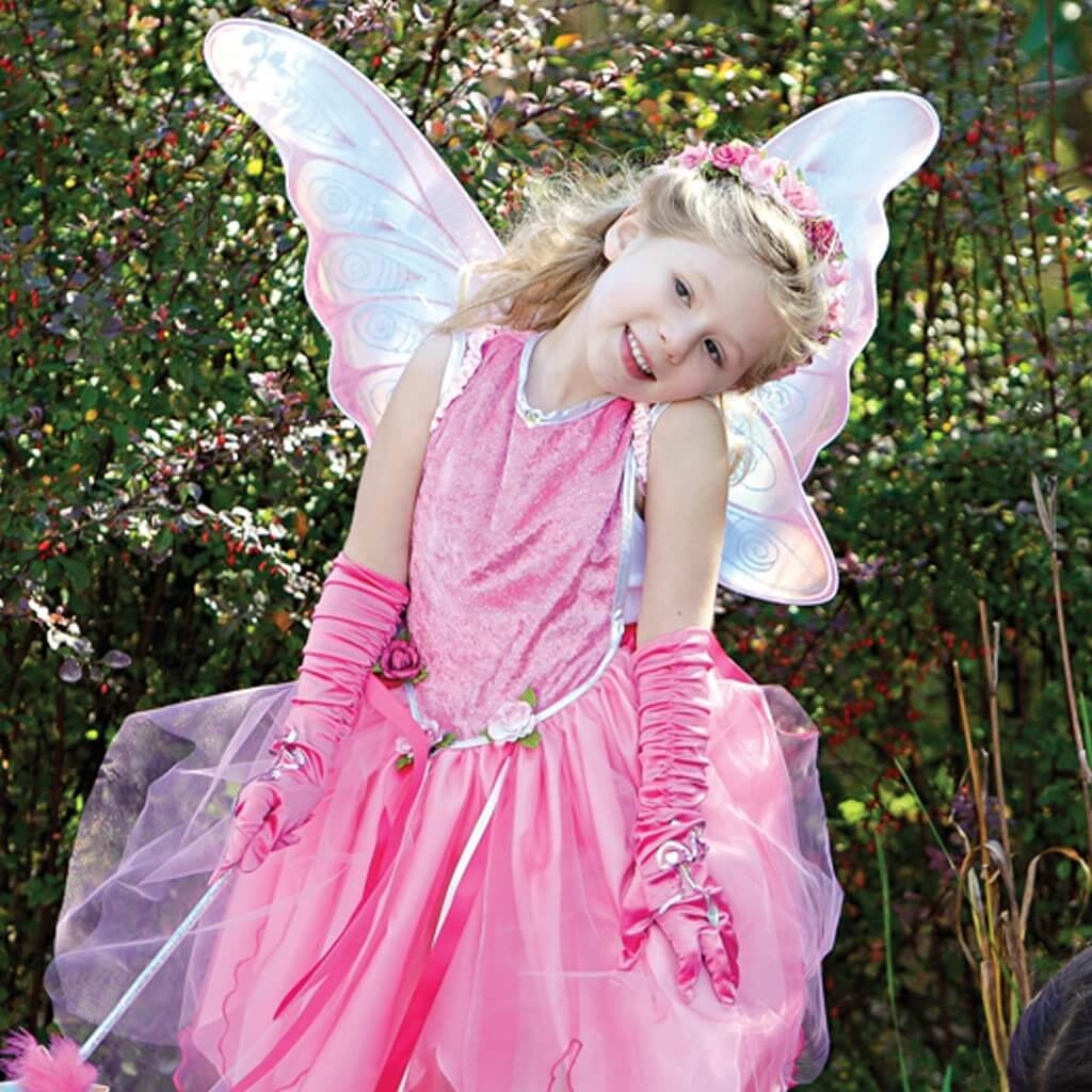 Young Girl in Pink Fairy dress with large pastel rainbow fairy wings