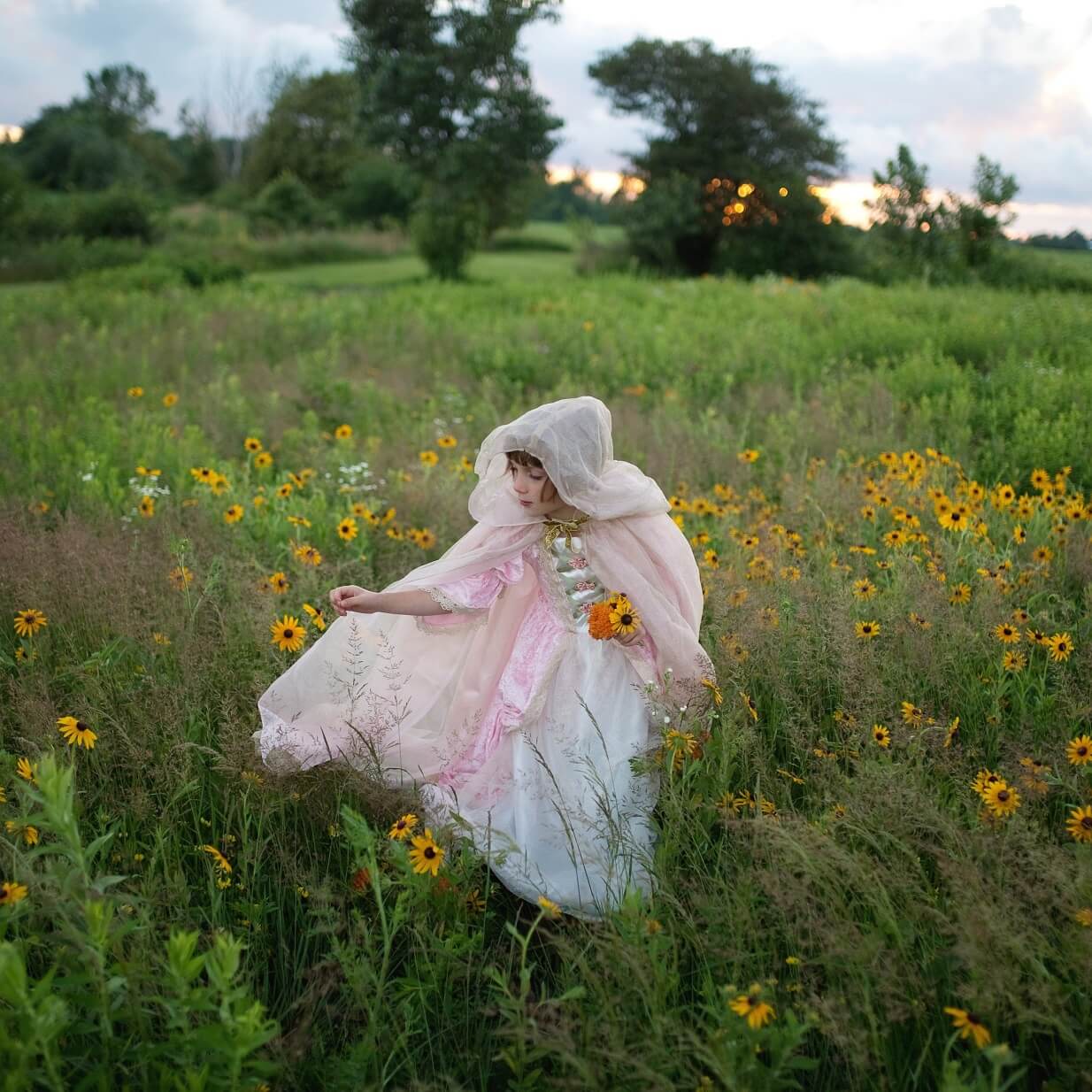 Girl wearing a pink and gold princess cape in a field dotted with orange flowers