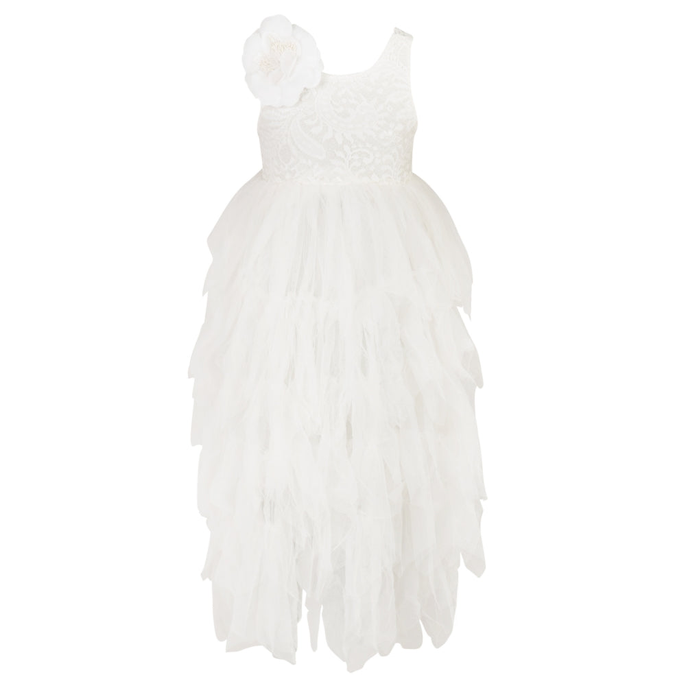 white flower girl lace and tulle dress