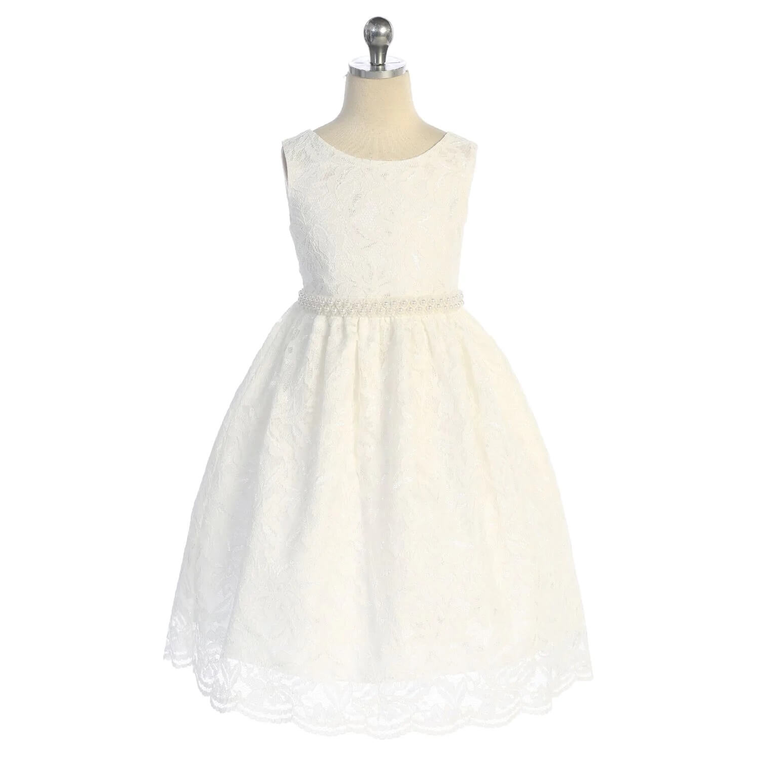 Girls white party dress with pearl trim waist band