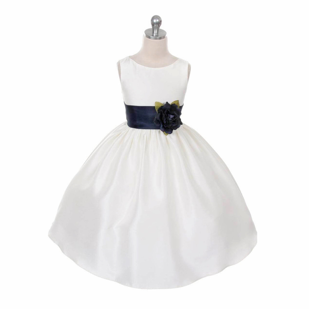 Morgan dress in white with navy sash on mannequin