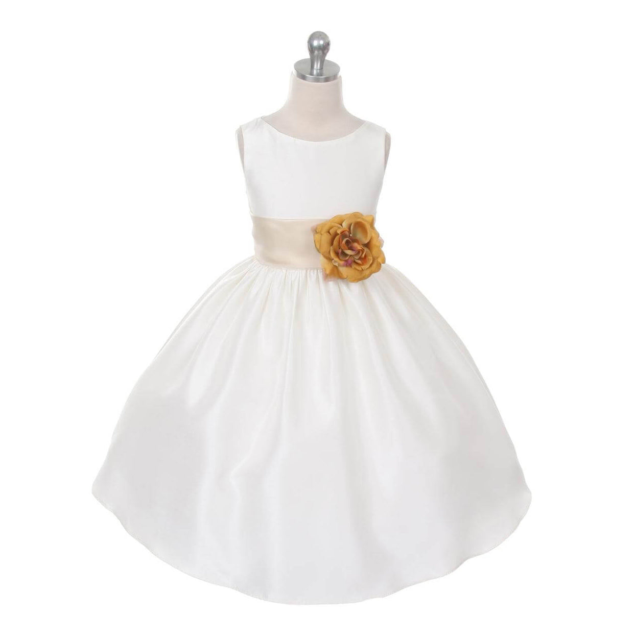 Morgan dress in white with gold sash on mannequin