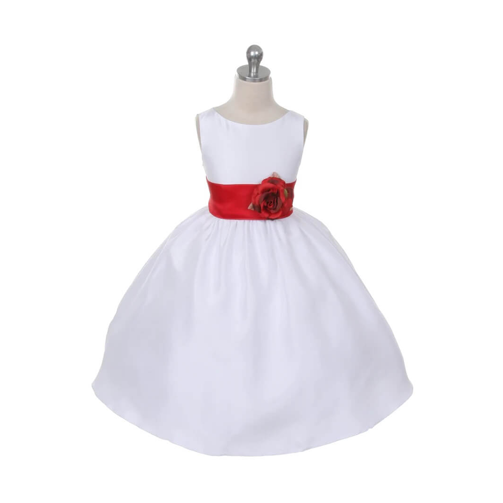 Morgan flower girl dress with red sash and flower