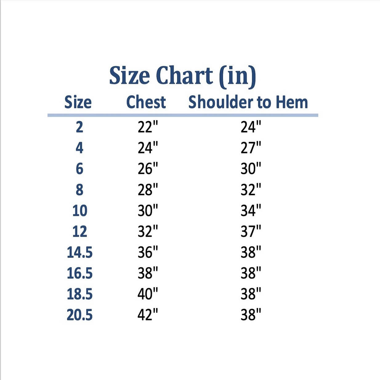 Size chart for Maya dress