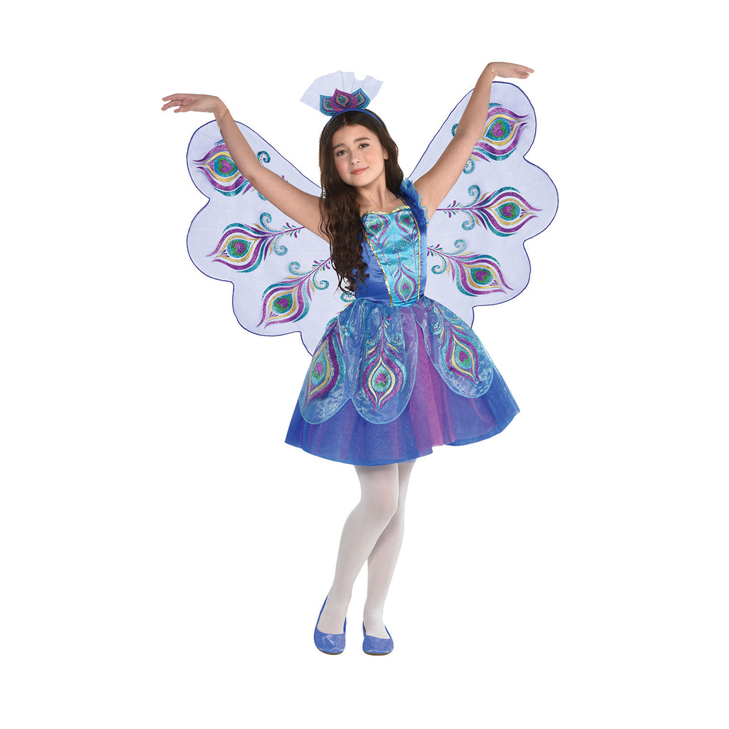 Girl wearins Pretty Purple Peacock Costume with matching wings
