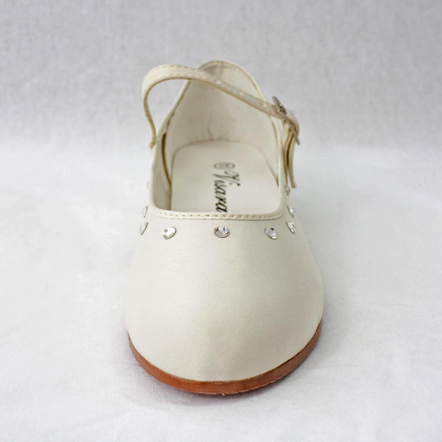 Girls white satin party shoes with diamontes