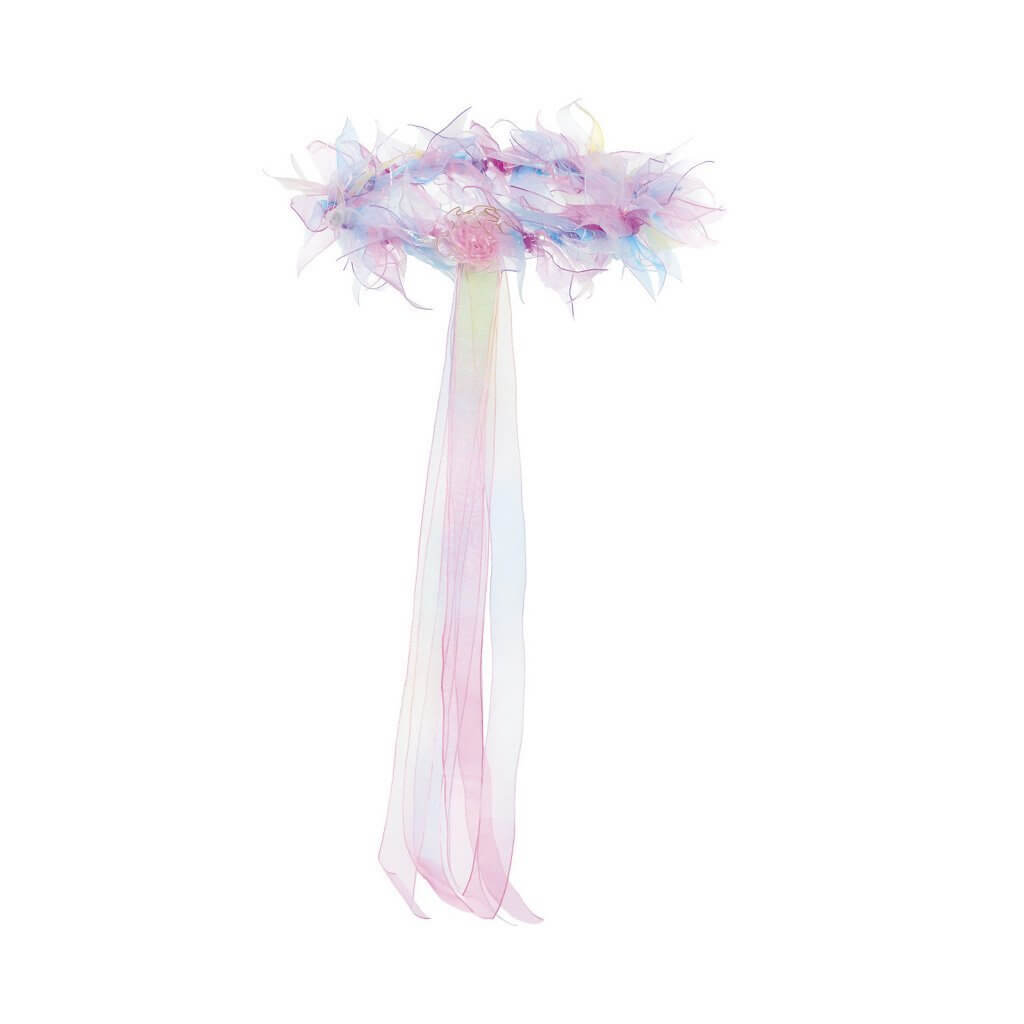 multi pastel coloured tulle flower head garland with hanging ribbons