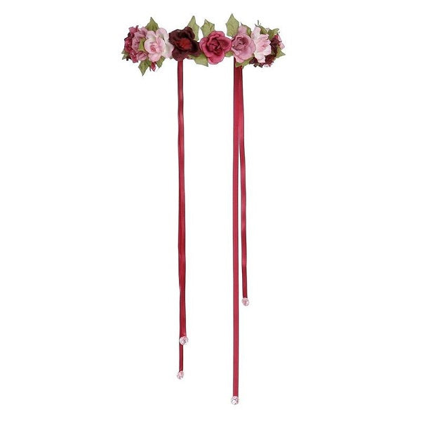 burgundy and pink rose head garland with hanging burgundy ribbons