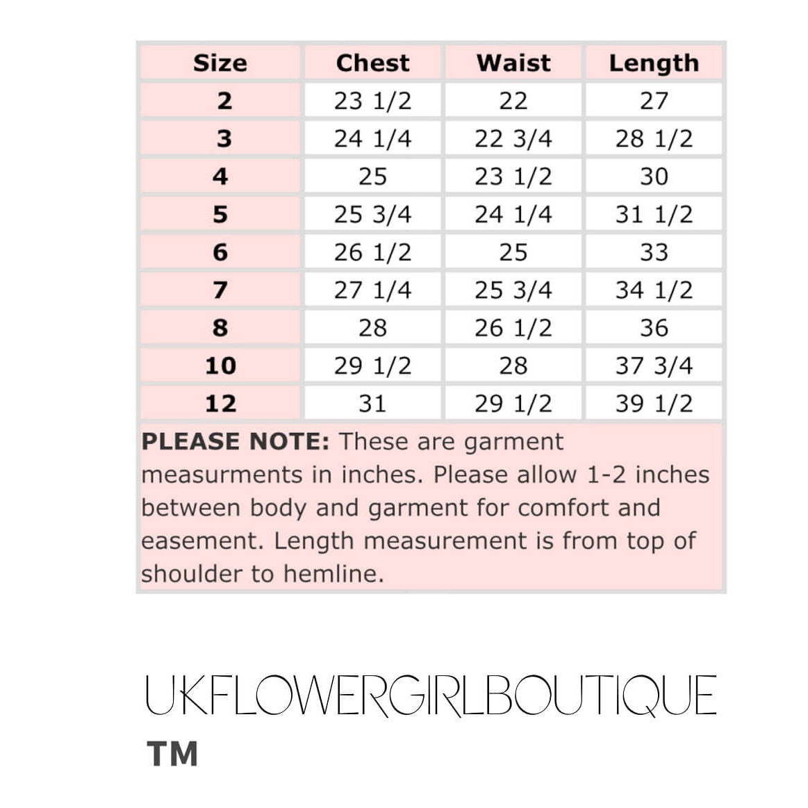 UK Flower Girl Boutique Morgan Dress size chart