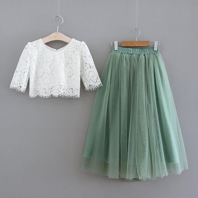 Sage Green Skirt and lace top