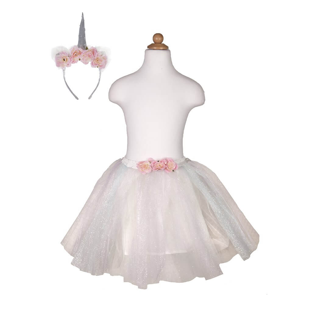 White organza tutu skirt with 4 pink flower belt details and silver horn unicorn headband with 4 pink large roses