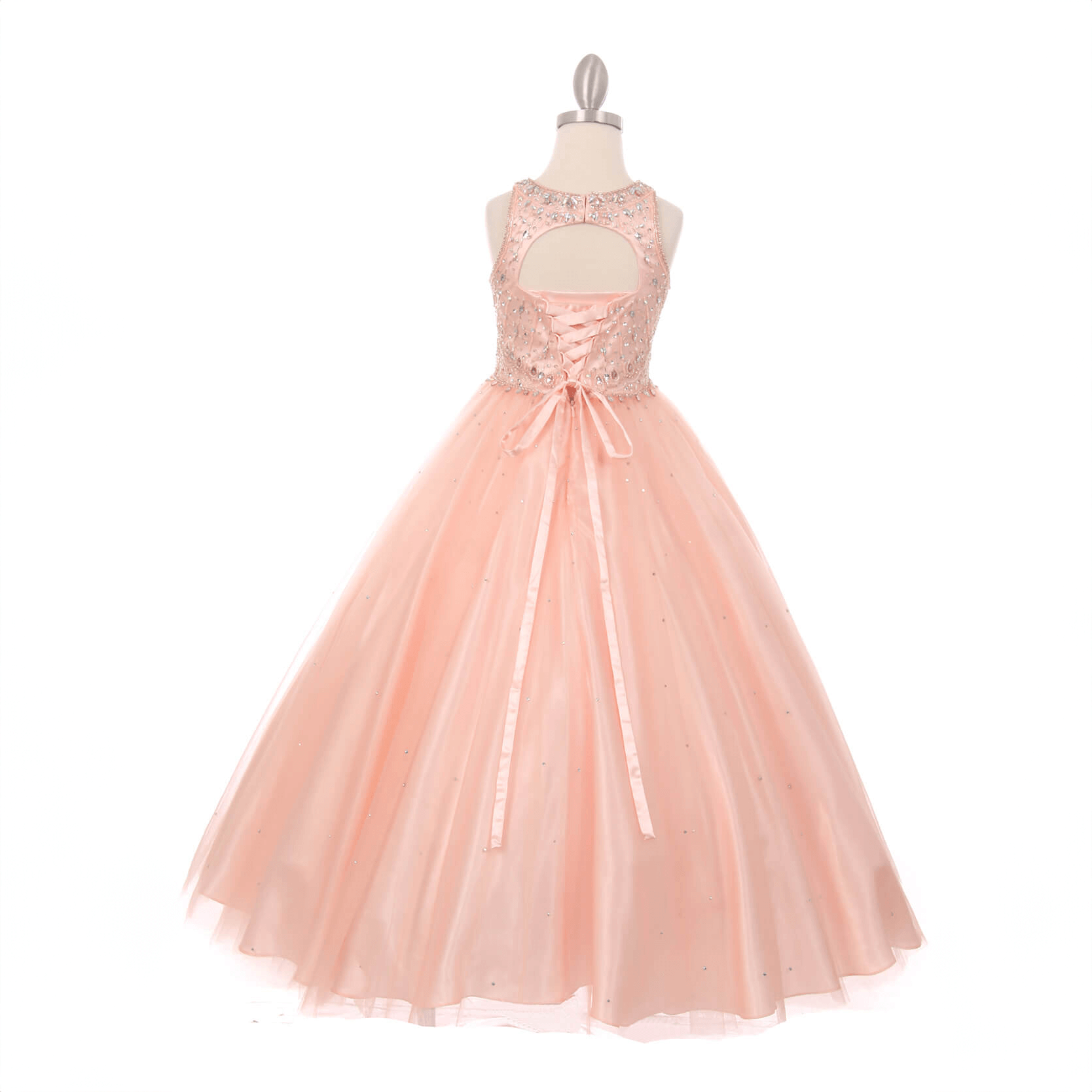 Rear of Blush coloured full length princess-style dress