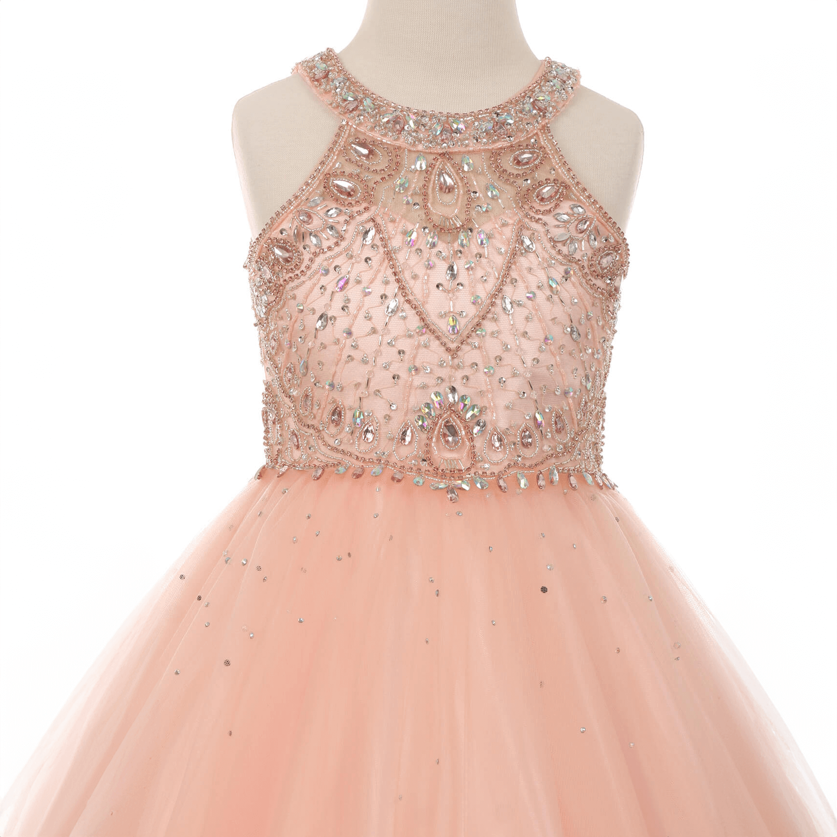 beaded detail on front of a girls blush coloured dress 