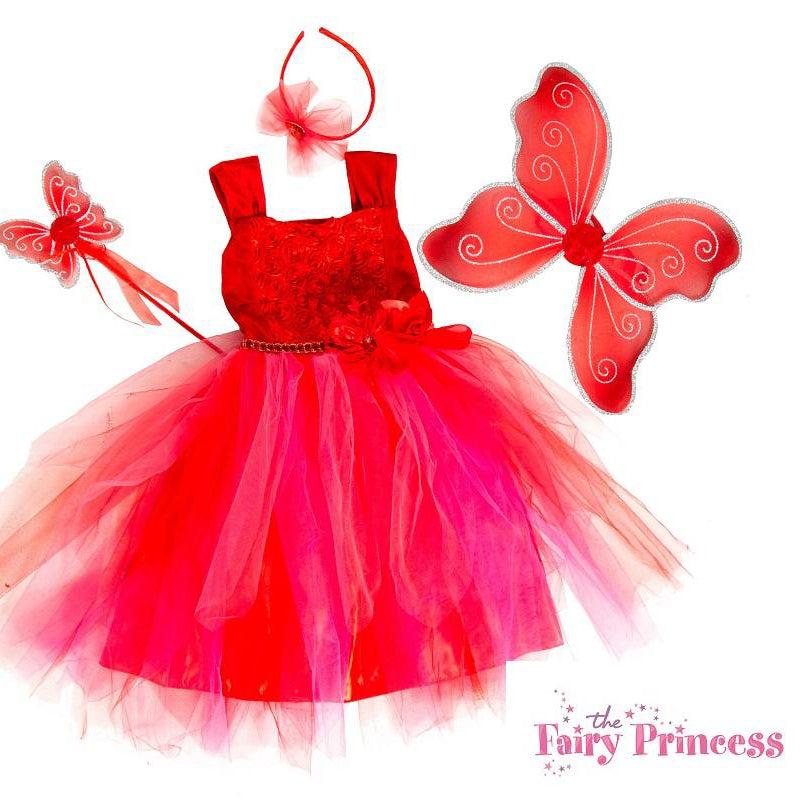 Vibrant red fairy dress with rosebud bodice, layered skirt and matching accessories
