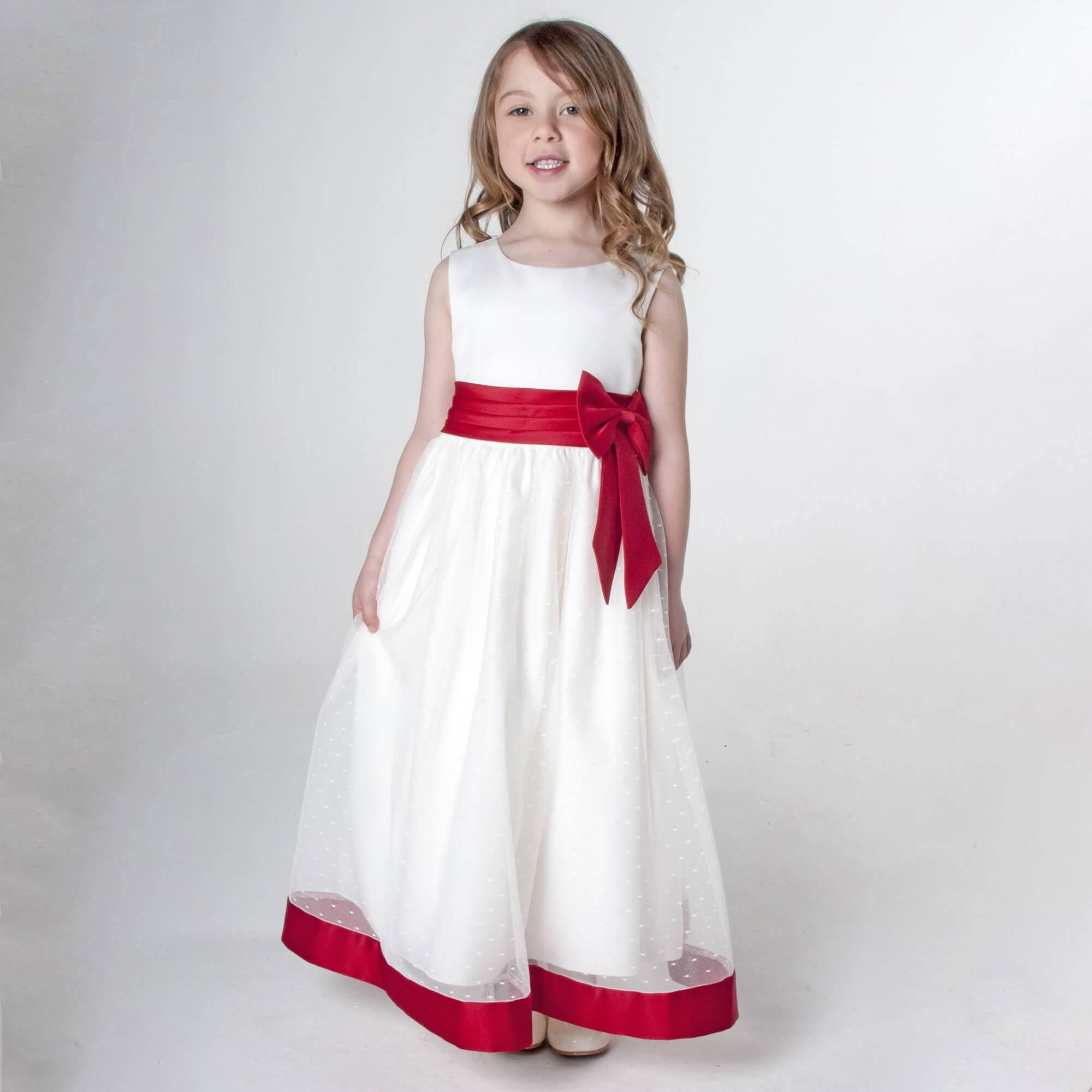 White flower girl dress with red trim