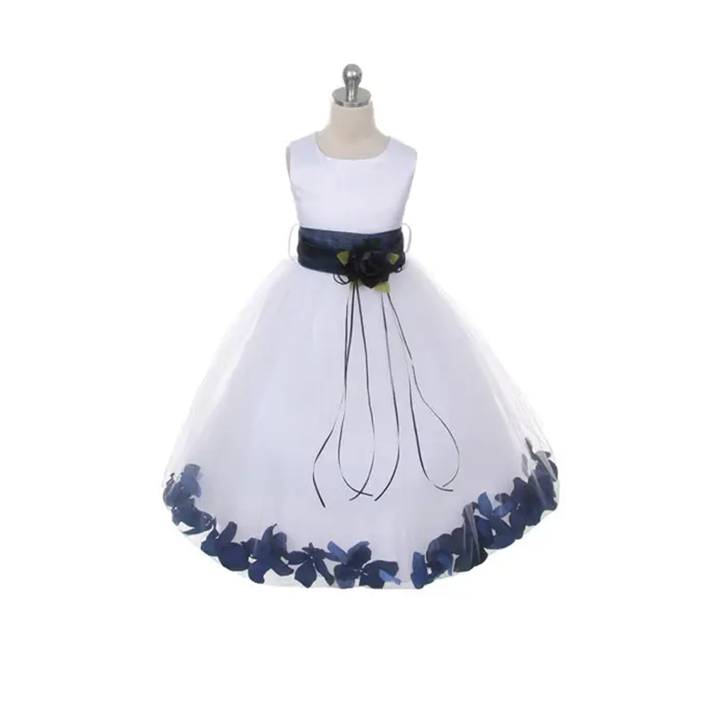 White flower girls dress with navy petals and sash  