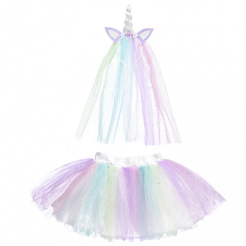 Pastel coloured glittered layers of tulle and feature unicorn horn headband dress up set